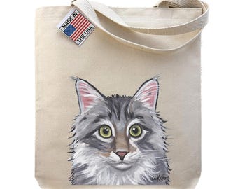 Fluffy Tabby Cat Tote Bag - Cat Lover Gift - Tabby Cat art tote -  Grey Tabby Cat totes - Cat Lover Gift