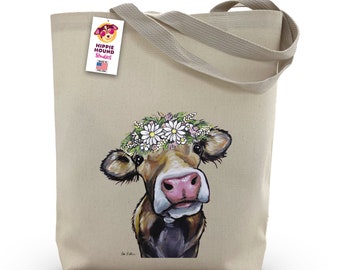 Cow Tote Bag - Option to Personalize Cow Lover Gift - Fun animal tote. Animal Lover gift - Farm animal totes -Cow with Flower crown tote