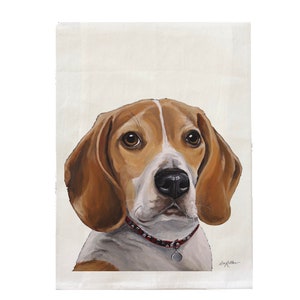 May include: Painting of a Beagle dog with brown and white fur. The dog is wearing a red and black patterned collar with a silver tag. The background is a light beige.