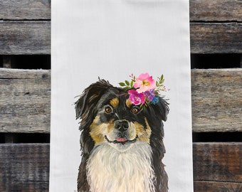 Farmhouse Dog Tea Towel - Flower Crown Border Collie Tea Towel - Dog Flour Sack Towel - Option To Personalize - Border Collie Lover Gifts