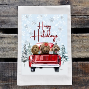 Brown Doodle Tea Towel, Christmas Doodle Tea Towel Doodle Flour Sack Towel, Holiday Farmhouse Decor, Dog Lover Gifts, Christmas Truck Decor