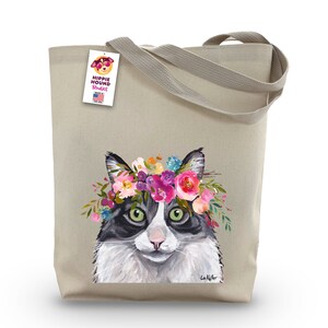 Fluffy Grey Cat Tote Bag - Cat Lover Gift -  Kitty art tote -  Cat totes - Cat Lover Gift - Flower Crown Cat