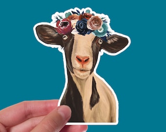 Goat Sticker - 4" Goat Vinyl Decal - Goat with Flower Crown Sticker - Cute Goat Sticker -Goat Lover Gifts - Waterproof Die Cut Goat Sticker