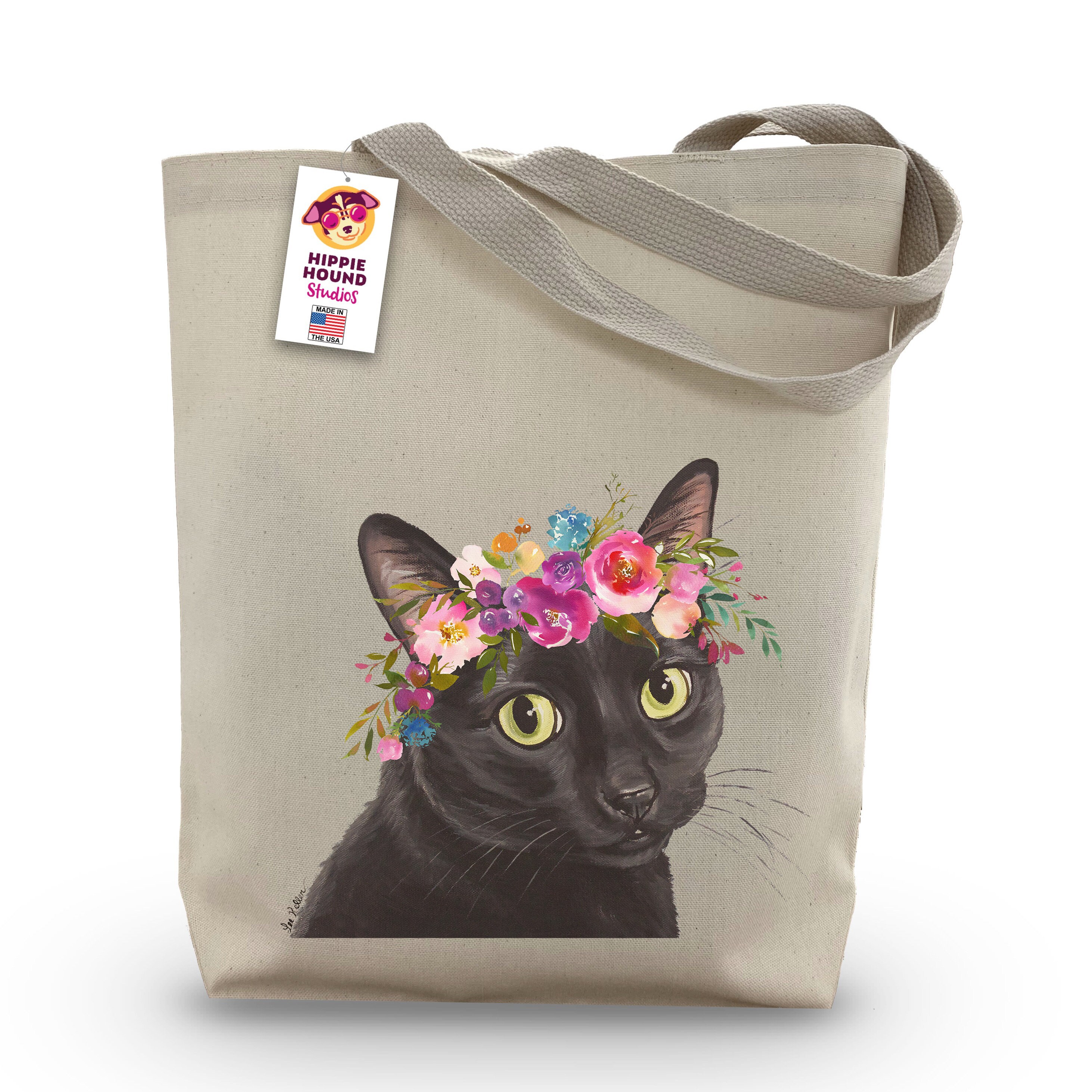 Cat Aesthetic Tote Bag with Pockets, Hippie Cat Lovers Gift, Cat Mom Canvas  Bag, Retro Tote, Pussy Cat Themed Gifts for Teachers, Cat Dad