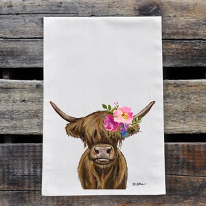 Cow Kitchen Tea Towel, Highland Cow Dish Towel, Floral Cow