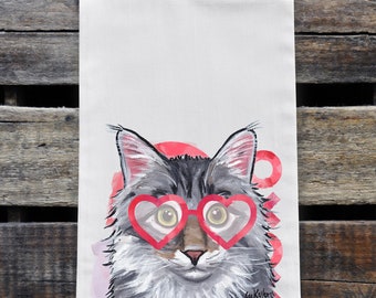 Valentine's Day Cat Flour Sack Towel, Fluffy Grey Cat Tea Towel, Valentine's Day Gifts, Cat Lover Gifts