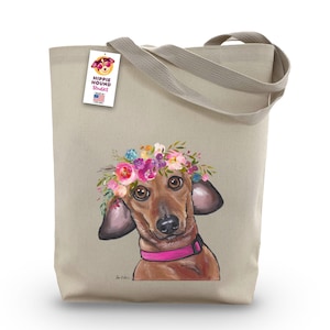 Dachshund Tote Bag, Dog Lover Gift, Dachshund with Flower Crown tote - Doxie Gifts - Cute Dog Art - Dog Lover Gift