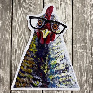 May include: A painted illustration of a chicken wearing black-rimmed glasses. The chicken has a red comb and wattle, and its feathers are a mix of gray, white, and yellow.