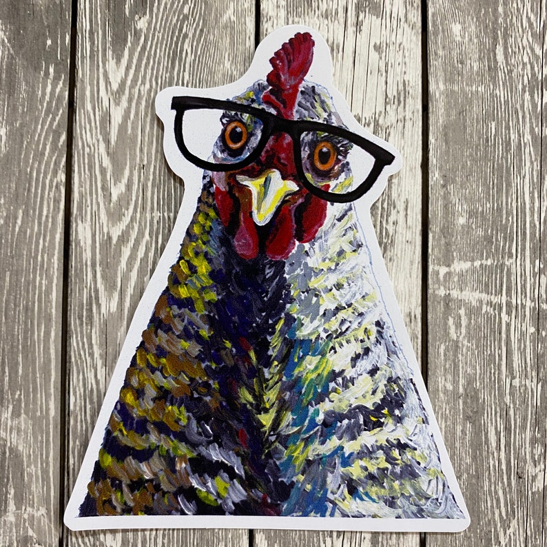 May include: A painted illustration of a chicken wearing black-rimmed glasses. The chicken has a red comb and wattle, and its feathers are a mix of gray, white, and yellow.