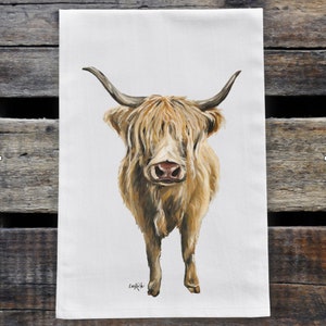 Cow Kitchen Tea Towel, Highland Cow Dish Towel, Floral Cow