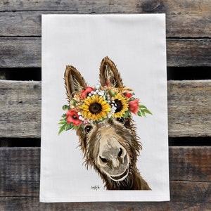 Sunflower Donkey Tea Towel - Option to Personalize Farmhouse Tea Towel - Donkey Flour Sack Towel - Donkey Gifts - Fall Kitchen Decor