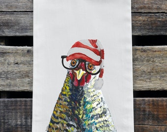Christmas Chicken Tea Towel -  Chicken with Glasses Flour Sack Towel - Farmhouse Christmas Decor - Christmas Chicken Lover gift
