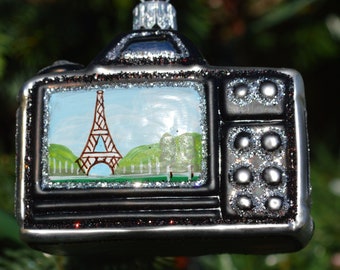 Mouth Blown & Hand Painted European Glass Ornament - Camera w/ Paris Picture