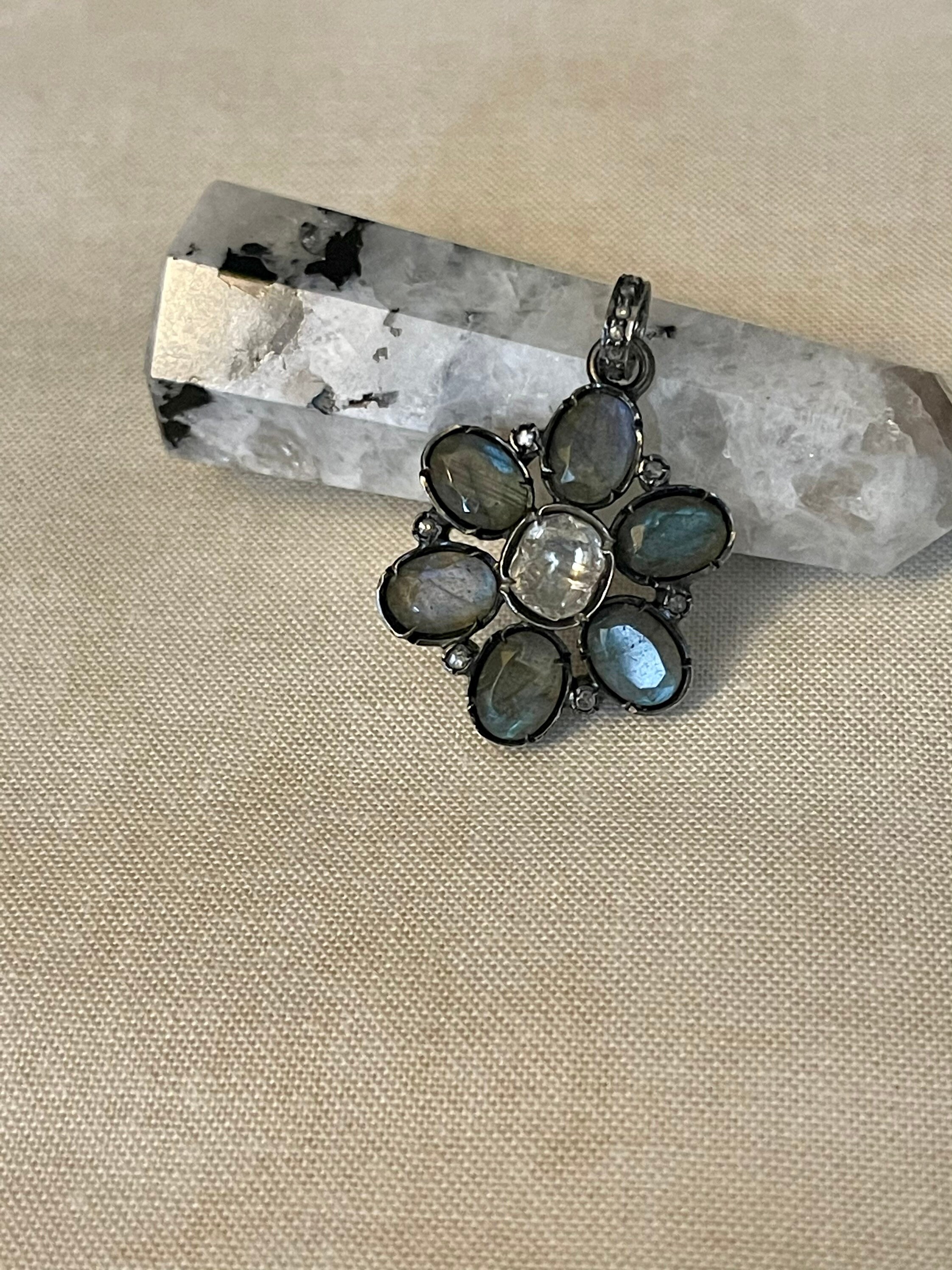 Vintage Sterling and Labradorite Flower Pendant Etsy