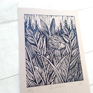 Forest Hare Linocut Print: Hand-Printed Black Ink Art