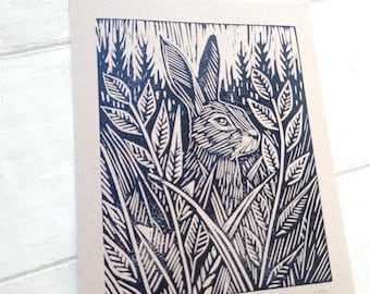 Forest Hare. lino cut, hand printed lino print, original print
