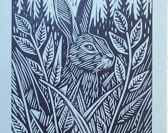 Forest Hare. lino cut, hand printed lino print, original print