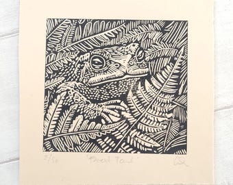 Forest Toad. lino cut, hand printed lino print, original print