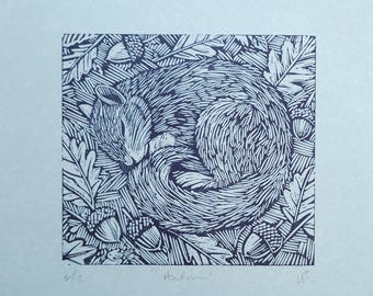 Forest Squirrel. lino cut, hand printed lino print, original print