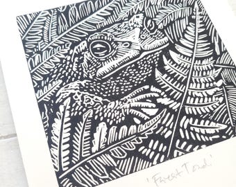 Forest Toad. lino cut, hand printed lino print, original print