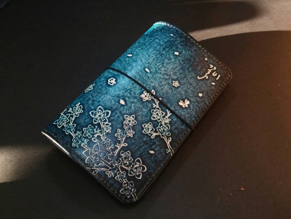 Leather Journal, Handmade, Leather Diary,leather,flower,leather craft, vegetable leather, dyeing crafts,carved,B6 size diary,Cherry Blossom
