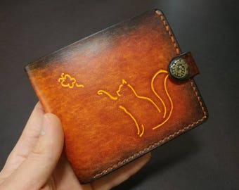 Cat,Leather wallet, women girl mens leather wallet, custom wallet, vegetable leather,handmade,personalized wallet,mens wallet,groomsmen gift