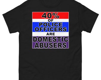 May include: Black t-shirt with a red, white, and blue graphic that reads "40% of Police Officers are Domestic Abusers".