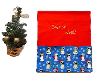 Sac Cadeau Noël Personnalisé, Pochon Cadeau Noël Prénom, Emballage Cadeau Noël, Ratons Laveurs de Noël, Broderie Dorée, fabriqué en France