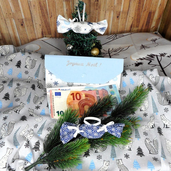 Enveloppe Cadeau et Bonbons de Noël, Enveloppe Porte-Billet Chèque, Rennes Bleu Gris, Décoration Noël, Zéro Déchet, fabriqué en France