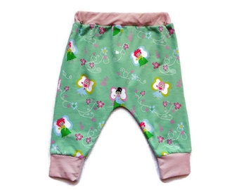 Green Mint Pink Fairy Pants, Baby Harem Pants, Girls Boys Pants, Organic Cotton, Toddler Pants, 12 months size, Baby Cloths, made in France