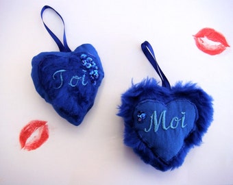 Blue Love Hearts Plush, Valentines Day Gift, Lovers Gift Idea, 2 Heart Ornaments, You and Me, Heart Hanging Decoration, made in France,