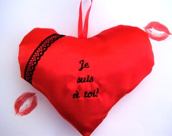 Lovers Gift Idea, Valentines Day Gift, Men Women Gift, Heart Ornanement, I'm Yours, Red Satin, Black Lace, Heart Decor, Made in France