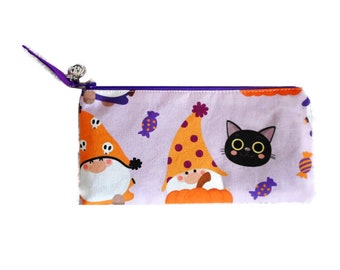 Trousse Halloween, Gnome Chat Noir et Citrouille, Pochette Enfant Femme Homme, Accessoire Cadeau Halloween, fabriqué en France