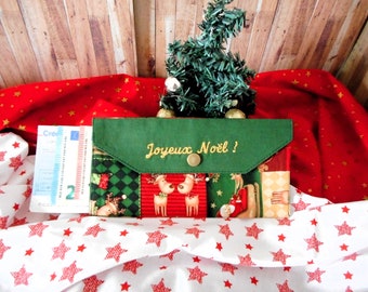 Enveloppe Pochette Cadeau Noël, Porte-Billet Chèque, Rennes Père Noël, Broderie Dorée, Zéro Déchet, fabriqué en France