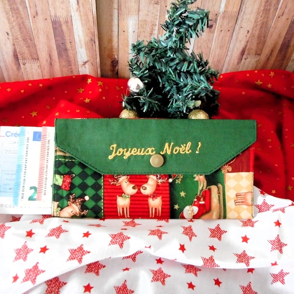 Enveloppe Pochette Cadeau Noël, Porte-Billet Chèque, Rennes Père Noël, Broderie Dorée, Zéro Déchet, fabriqué en France