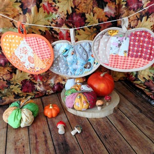 Peut inclure: Une collection d'articles sur le thème de l'automne, comprenant des dessous de plat en forme de citrouille, des citrouilles décoratives et des figurines de champignons miniatures. Les dessous de plat sont dans des motifs orange, rouge et bleu. Une grosse citrouille orange est posée sur une surface en bois.