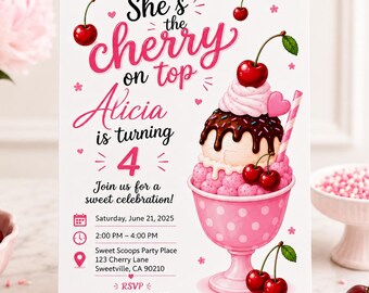 Cherry On Top Birthday Invitation, Editable Ice Cream Party Invite (Digital Download)