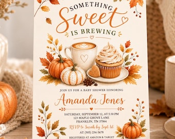 Fall Baby Shower Invitation, Something Sweet is Brewing, Editable Autumn Party Invite, Digital Download