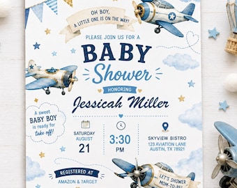 Aviation Baby Shower Invitation, Editable Up Up and Away Retro Plane Invite (Instant Download)