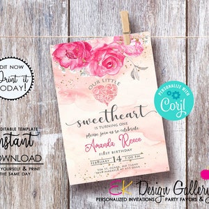 Sweetheart Valentine Invitation, Valentines Floral Invite, EDITABLE Digital Download Template