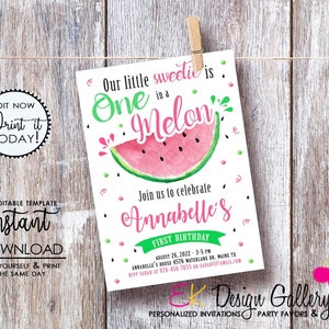 Watermelon Birthday Party Invitation, One in a Melon Invite Girls 1st Watermelon Birthday, Digital INSTANT DOWNLOAD, Corjl EDITABLE Template
