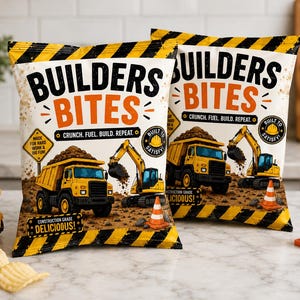 May include: Two bags of Builders Bites snacks featuring a yellow dump truck and excavator graphic, black and yellow caution stripes, and the text Crunch. Fuel. Build. Repeat. and Construction Grade Delicious. A toy truck and traffic cone are nearby.