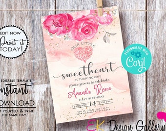 May include: Pink and gold watercolor first birthday invitation with a floral design and the text "Our Little Sweetheart is turning one, please join us to celebrate Amanda Reece, First Birthday, February 14, 5:00 PM, 304 St, Ozark, MD 72440, RSVP Makayla at 435-8666".
