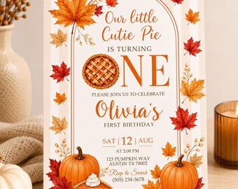 Cutie Pie Birthday Invitation, Fall Editable Pumpkin First Birthday Party Invite, Digital Download