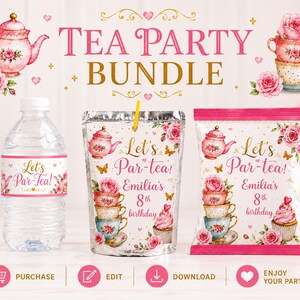 May include: A tea party bundle featuring a water bottle label, a juice pouch, and a chip bag, all decorated with pink roses, teapots, and teacups. The text reads "TEA PARTY BUNDLE" and "Let's Par-tea! Emilia's 8th birthday" with icons for purchase, edit, and download.