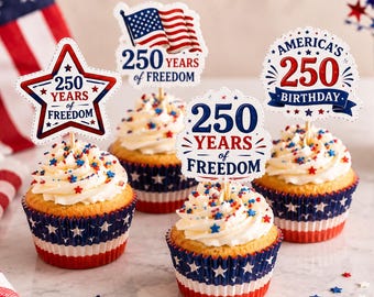 America 250th Birthday Cupcake Topper, Printable Independence Day Cake Decoration (Instant Download)