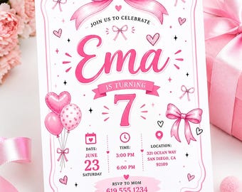 Editable Pink Bow Birthday Invitation, Coquette Bow Party Invite (Instant, Digital Download Template)