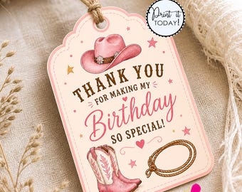 Cowgirl Thank you Tag, Girl Rodeo Party Favor Labels (Instant, Digital Download)