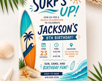 Surf's Up Birthday Invitation, Editable Ocean Boy Surfer Invite, Surfboarding Party (Instant, Digital Download)