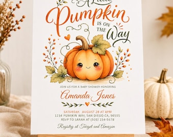 Little Pumpkin Baby Shower Invitation, Editable Fall Autumn Gender Neutral Party Invite, Digital Download